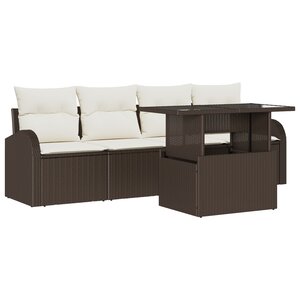 Ensemble de canapés de jardin 5 pièces avec coussins en rotin poly marron