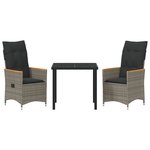 vidaXL Set de 3 Pièces pour Dîner de Jardin avec Coussins Gris en Rattan Poly