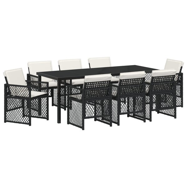 Ensemble de jardin 9 pièces avec coussins en poly rotin noir