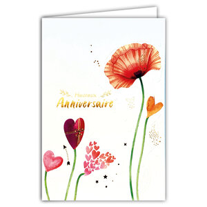 69-3103 Carte Anniversaire pour Fille Femme Joli Coquelicot Rouge Fleur Champêtre Cœurs Cadeau - Finitions Dorure Or Doré + Gaufrage en Relief +1 Enveloppe Format 12x17cm - Fabriqué en Europe