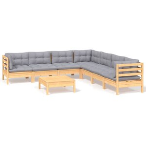 vidaXL Salon de jardin 8 Pièces avec coussins gris Bois de pin massif