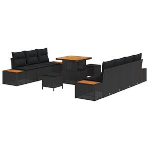 vidaXL Canapé de Jardin 10 pièces avec Coussins Noir Rattan Poly Acacia
