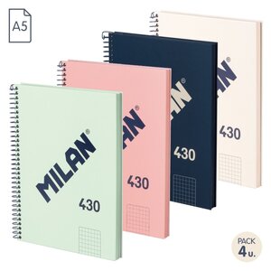 Milan Serie 1918 Pack de 4 Cahiers à Spirale Format A5 Grille 5x5mm - 80 Feuilles de 95 gr/m2 - Micro-perforés  2 Trous - Couleurs Assorties