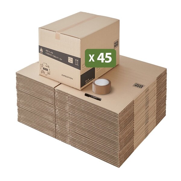 Pack and Move - Lot 45 cartons déménagement hauteur modubale variable  personnalisable - 60 x 45 x 31-41 cm  - Poignées renforcées - 1 adhésif offert
