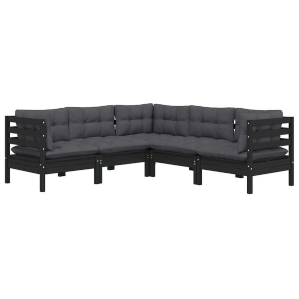 Salon de jardin meuble d'extérieur ensemble de mobilier 5 pièces avec coussins noir bois de pin solide 02_0016421