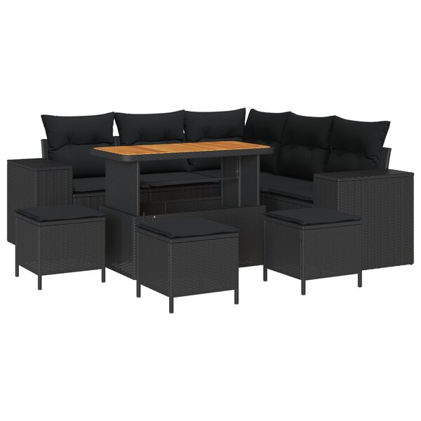 Ensemble de Canapé de Jardin 9 Pièces avec Coussins Rattan Noir Poly Acacia