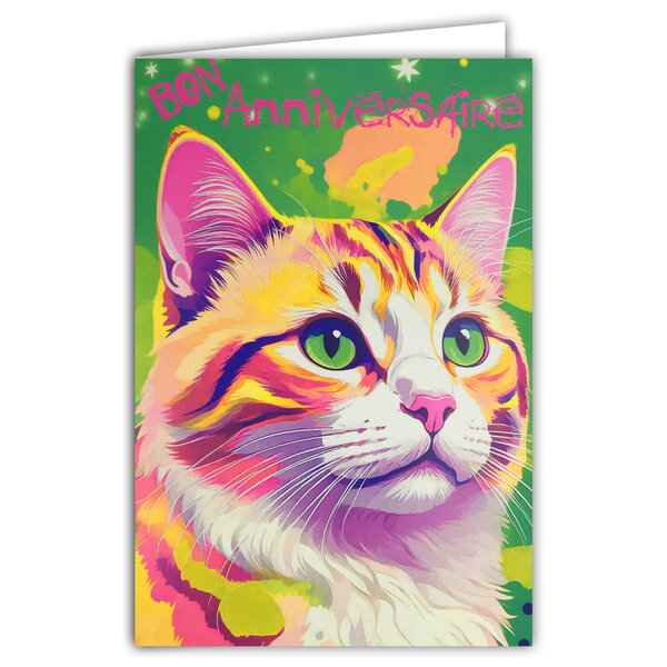 Carte FLUO Bon ANNIVERSAIRE avec Enveloppe 12x17,5cm - Illustration Chat Chaton
