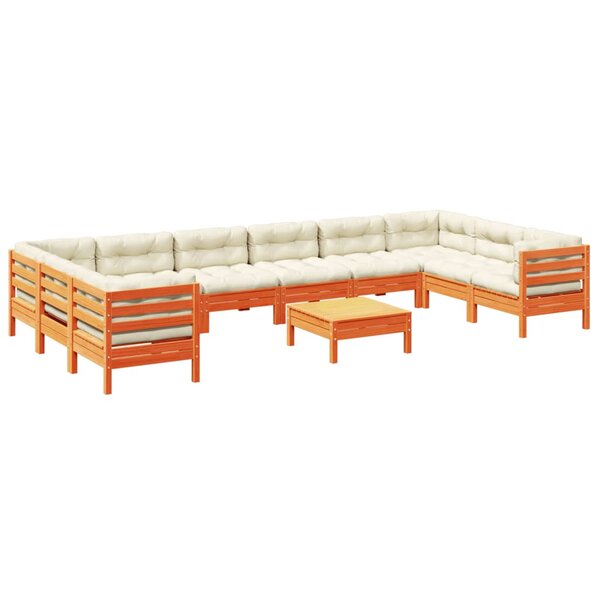 vidaXL Salon de jardin avec coussins 11Pièces cire marron bois pin massif