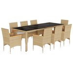 vidaXL Ensemble à manger de jardin et coussins 9 Pièces beige rotin verre