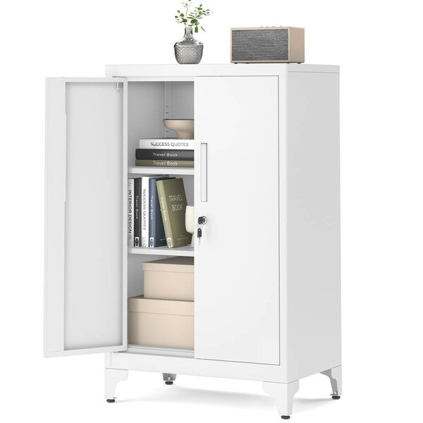 Caisson de bureau placard polyvalent 40 x 60 x 90 cm armoire de bureau à 2 portes verrouillable meuble de rangement en acier pour bureau salon blanc 12_0004834