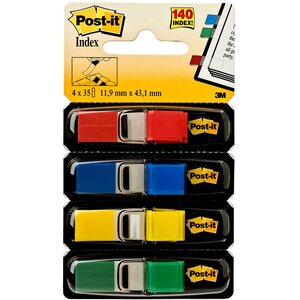 Marque-pages souples 11,9 x 43,1 mm - 4 couleurs assorties (Rouge, Bleu, Jaune, Vert) - 4 x 35 index (paquet 140 unités)