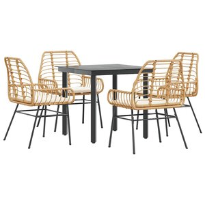 vidaXL Ensemble à manger jardin coussins 5Pièces marron poly rotin verre