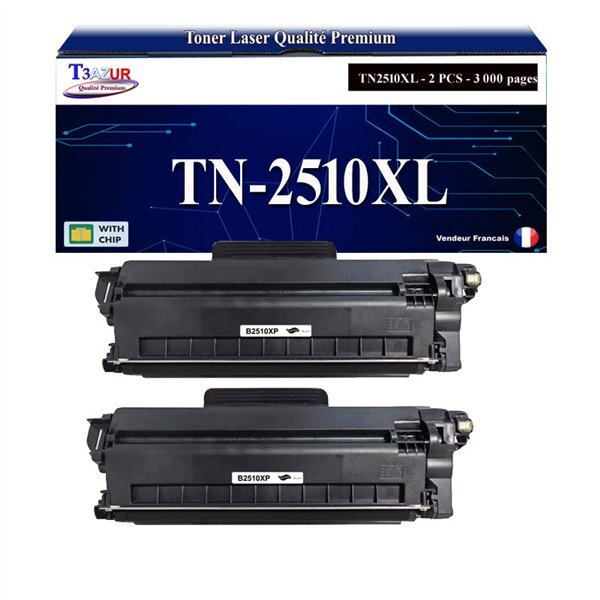 T3AZUR - 2x Toners compatibles avec Brother DCP-L2627DWE  L2627DW  L2665DW  L2620DW  L2400DWE  MFC-L2800DW  L2835DW  HL-L2445DW  TN2510  TN2510XL
