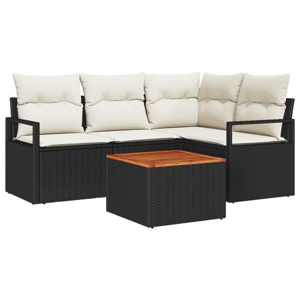 Ensemble de canapé de jardin de 5 pièces avec coussins en rattan poly noir et acacia