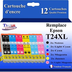 T3AZUR- 12x Cartouches Compatibles avec Epson 24XL 24 XL remplace Epson Expression Photo XP-55 XP-750 XP-760 XP-850 XP-860 XP-950 XP-960 XP-970