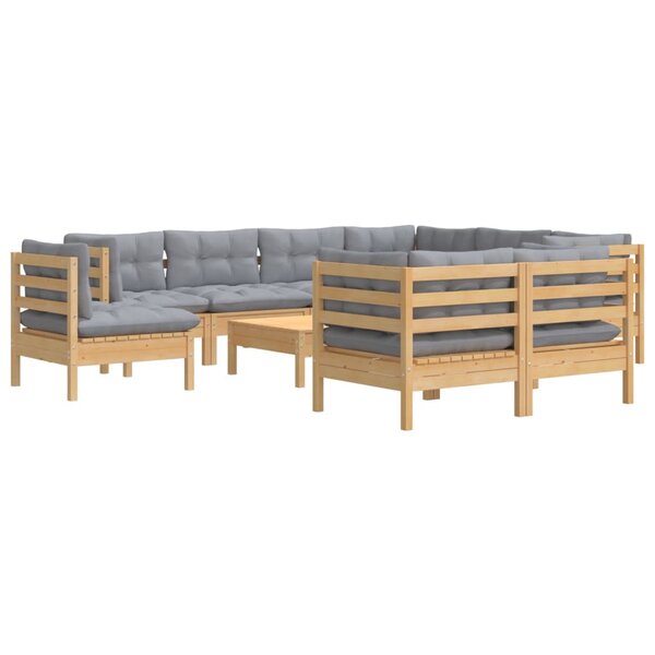 Salon de jardin meuble d'extérieur ensemble de mobilier 10 pièces avec coussins gris bois de pin solide 02_0015037