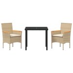Ensemble de salle à manger de jardin 3 pièces vidaXL avec coussins Beige Poly Rattan