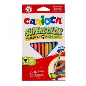 Carioca Supercolor Pack de 12 Crayons en Bois - Corps Maxi Triangulaire - Couleurs Intenses et Grande Opacité - Crayon Épais Ø 5mm - Couleurs Diverses