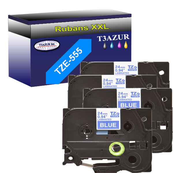 4 x Rubans pour étiquettes laminées générique Brother Tze-555 pour étiqueteuses P-touch - Texte blanc sur fond bleu - T3AZUR