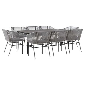 vidaXL Ensemble à manger jardin coussins 9 Pièces gris poly rotin verre