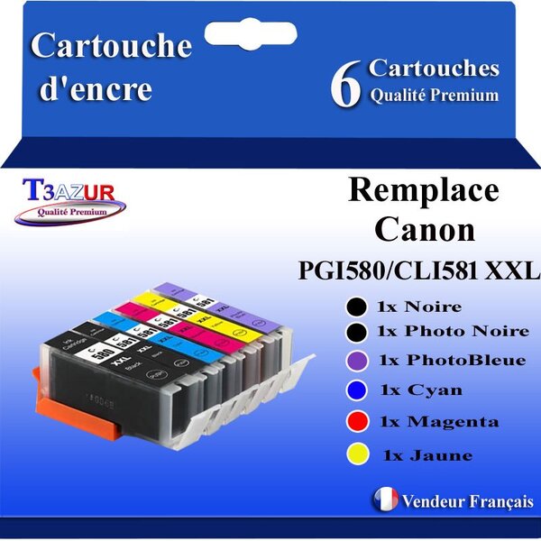T3AZUR - 6x Cartouches compatibles avec Canon PGI-580 CLI-581 XXL pour Canon Pixma TS8350 TS8350 TS8351 TS8352 TS9100 TS9150 TS9155