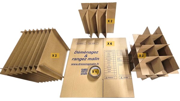 Kit Déménagement Vaisselle – 6 cartons multi usages, 6 séparateurs et 1 rouleau adhésif