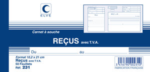 Carnet à souche ''reçu avec TVA'' 10,5 x 21cm 50 feuillets ELVE