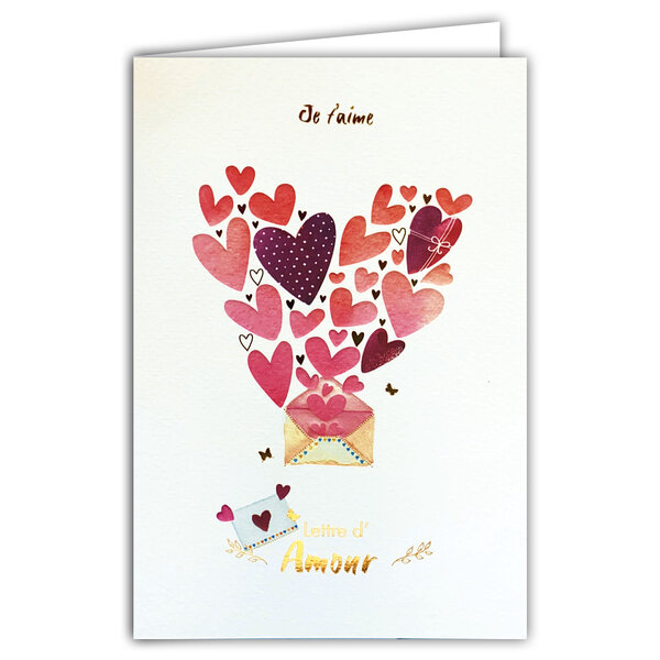 69-3136 Carte Je t'aime Lettre d'Amour Cœurs qui s'envolent d'une Enveloppe Peinture Aquarelle Romantique -Finitions Dorure Or Doré + Gaufrage en Relief +1 Enveloppe Format 12x17cm -Fabriqué en Europe