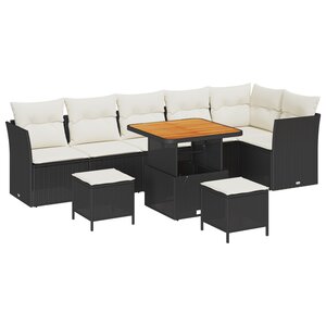 Ensemble de canapé de jardin 9 pièces avec coussins Rotin noir Poly Rattan Acacia