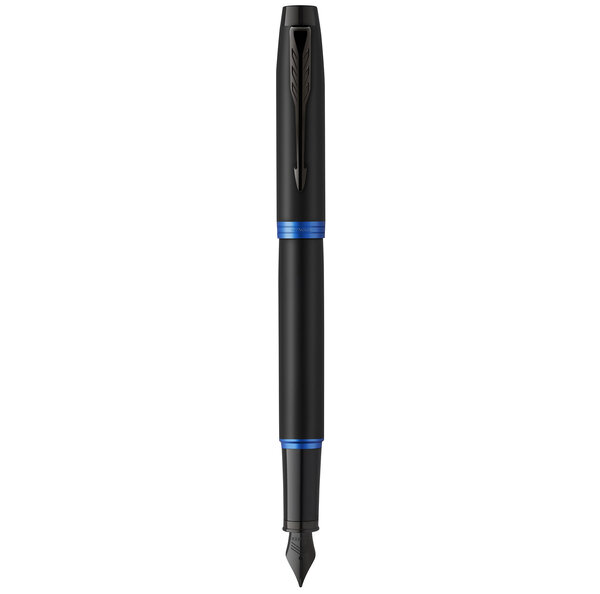 Stylo plume Parker IM Vibrant Rings  Satin noir laqué  attributs bleu océan  Plume fine  recharge d’encre bleue  Coffret cadeau