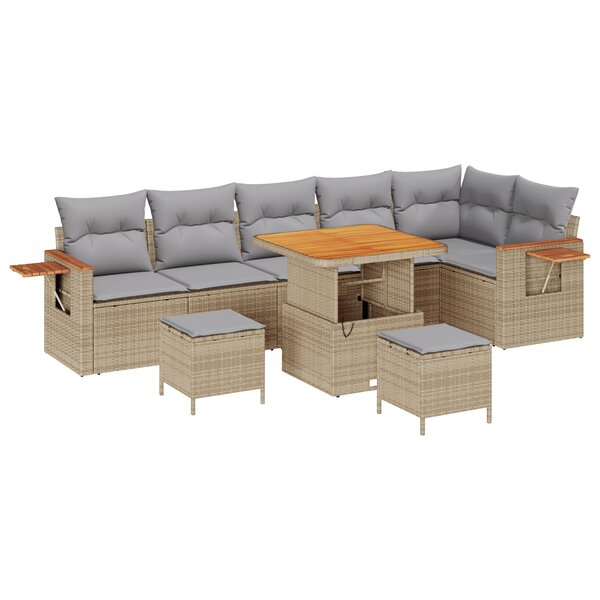 Ensemble de sofa de jardin 9 pièces avec coussins beige poly rotin acacia