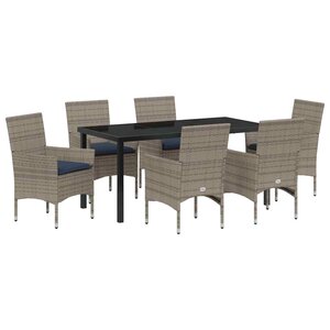 vidaXL Ensemble table et chaises avec coussin 7 Pièces Gris Rotin PE