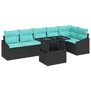 vidaXL Ensemble de canapé de jardin avec coussin 7 Pièces Noir et bleu