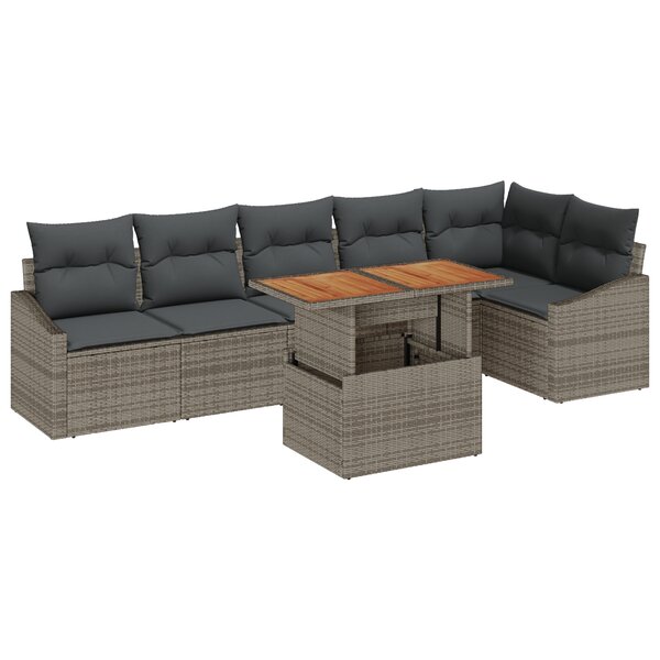 vidaXL Salle à manger jardin 7 pièces avec coussins gris poly rattan