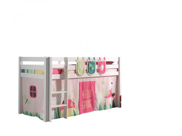 PINO Lit sureleve 90x200cm avec sommier Blanc + Rideau de lit Spring + 3 Pochettes Spring