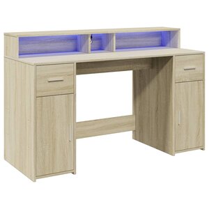 Bureau table poste de travail meuble d'ordinateur informatique étude avec lumières LED chêne sonoma bois d'ingénierie brun 02_0023426
