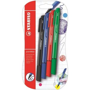 Blister x 4 stylos-feutres STABILO pointMax - noir + bleu + rouge + vert