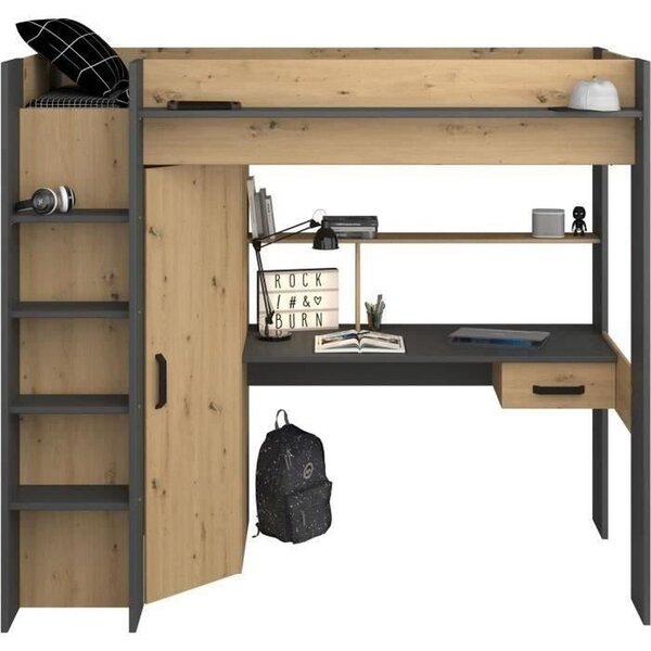 Lit combiné mezzanine enfant décor chêne et gris avec sommier inclus 90 x 200 cm