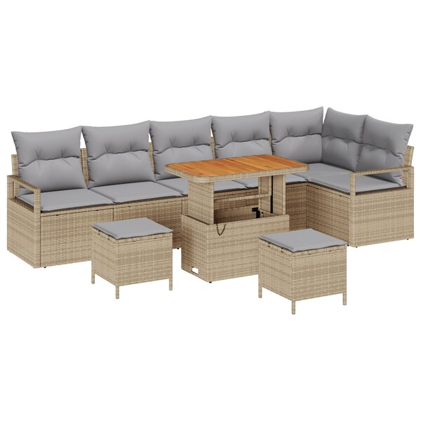 Ensemble de canapé de jardin 9 pièces avec coussins beige Poly Rattan Acacia