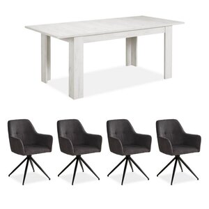 Table repas blanc lavé 160x90 4 chaises gris