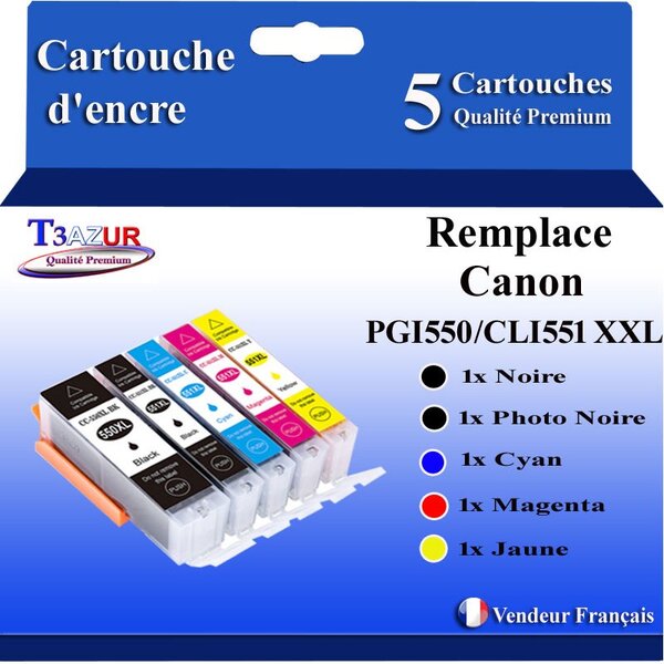 T3AZUR - 5x Cartouches compatibles avec Canon Canon PGI-550 CLI-551 XL pour Canon Pixma MG7150 MG7500 MG7550 MX720 MX725 MX920 MX925