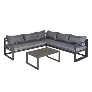 Ensemble salon de jardin d'angle design contemporain style yachting 5 places coussins table basse inclus banquette 3 places réglable alu. gris
