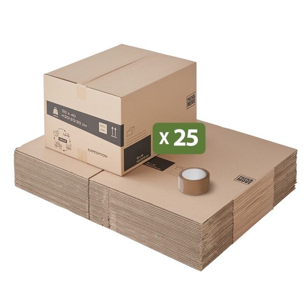 Pack and Move - Lot 25 cartons déménagement hauteur modubale : variable - 50 x 40 x 20-30 cm - Poignées renforcées - 1 adhésif offert