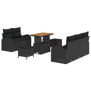 Ensemble de 8 canapés de jardin noir avec coussins en poly rotin et acacia