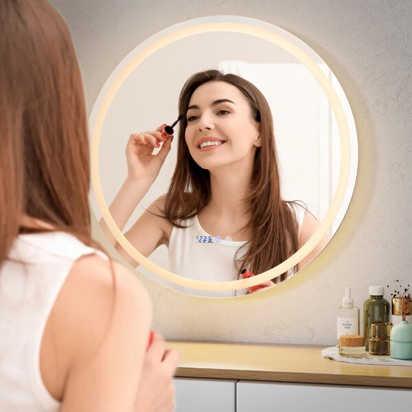 Miroir mural rond à led et fonction anti-buée miroir de courtoisie étanche avec 3 couleurs 58 lumières écran tactile miroir de maquillage argent 20_0008919