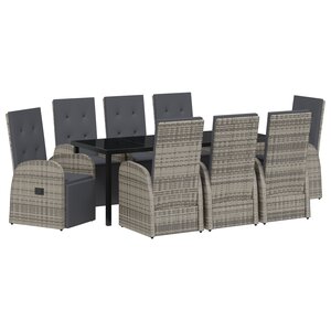 vidaXL Ensemble de salle à manger de jardin de 9 pièces avec coussins gris en poly rattan