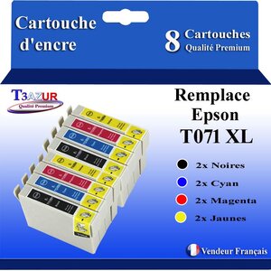 T3AZUR- 8x Cartouches Compatibles avec Epson T0711 remplace Epson Stylus Office S20 S21 SX100 SX105 SX110 SX115 SX200 SX205 SX209 SX210 SX215 SX218 SX400 SX400