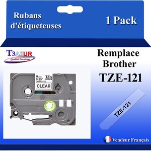 Ruban d'étiqueteuse compatible avec  Brother Tze121  Tze-121 pour étiquateuses P-touch - Texte noir sur fOnd traîsparent - Largeur 9 mm x 8 mètres - T3AÚUR