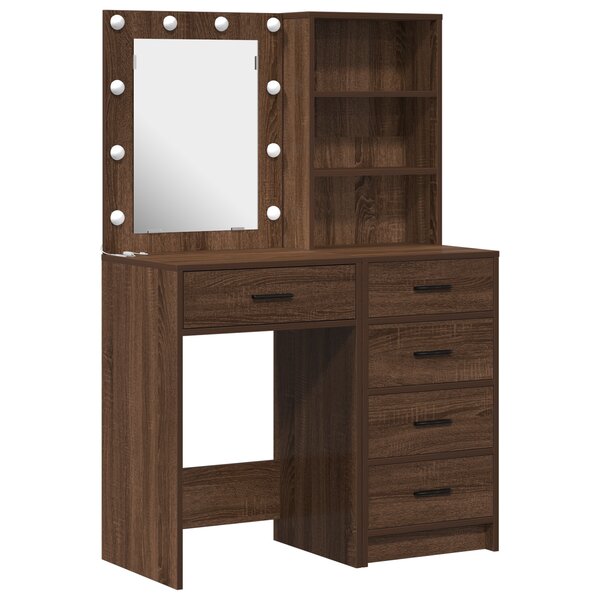 Ensemble de coiffeuse 2 pièces avec éclairage LED en bois d'ingénierie chêne noir