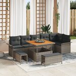 vidaXL Canapés de Jardin 9 Pièces avec Coussins Gris Poly Rattan Acacia